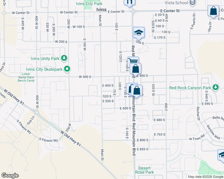 map of restaurants, bars, coffee shops, grocery stores, and more near 61 East 490 South in Ivins