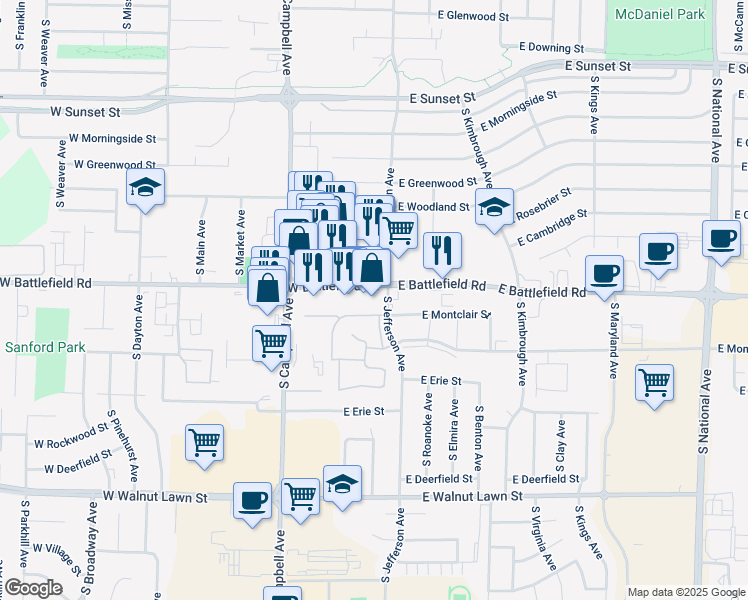 map of restaurants, bars, coffee shops, grocery stores, and more near 202 West Battlefield Road in Springfield