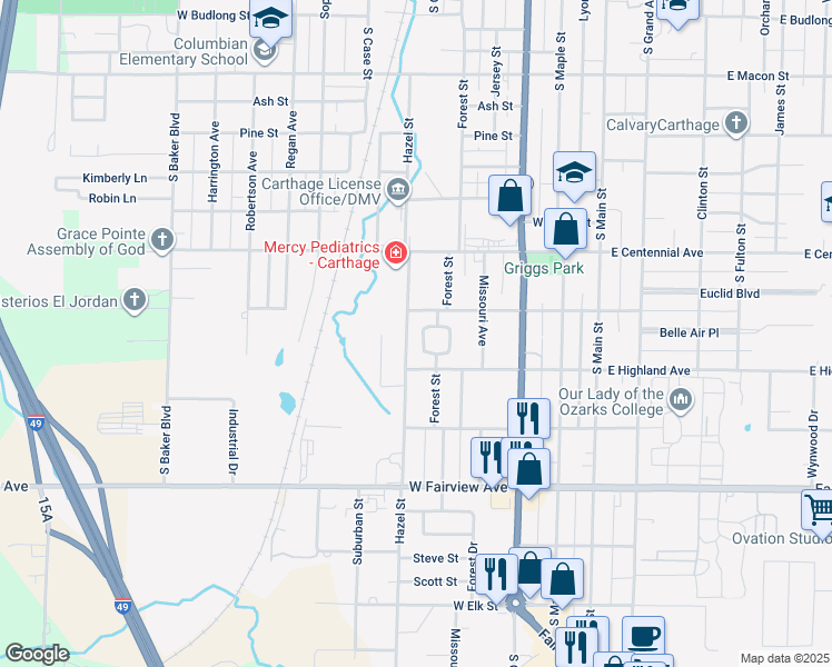 map of restaurants, bars, coffee shops, grocery stores, and more near 1709 Hillcrest Drive in Carthage