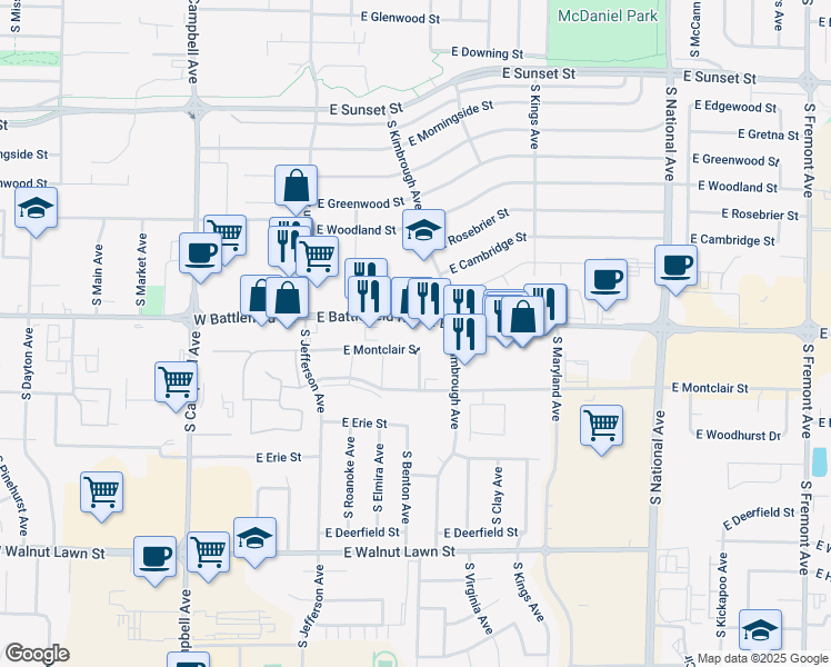 map of restaurants, bars, coffee shops, grocery stores, and more near 706 Battlefield Road in Springfield