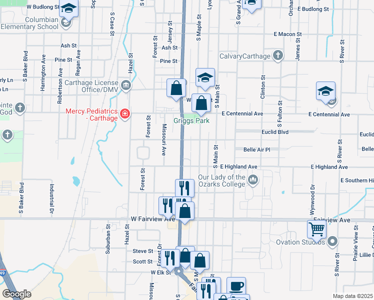 map of restaurants, bars, coffee shops, grocery stores, and more near 1718 S Garrison Ave in Carthage