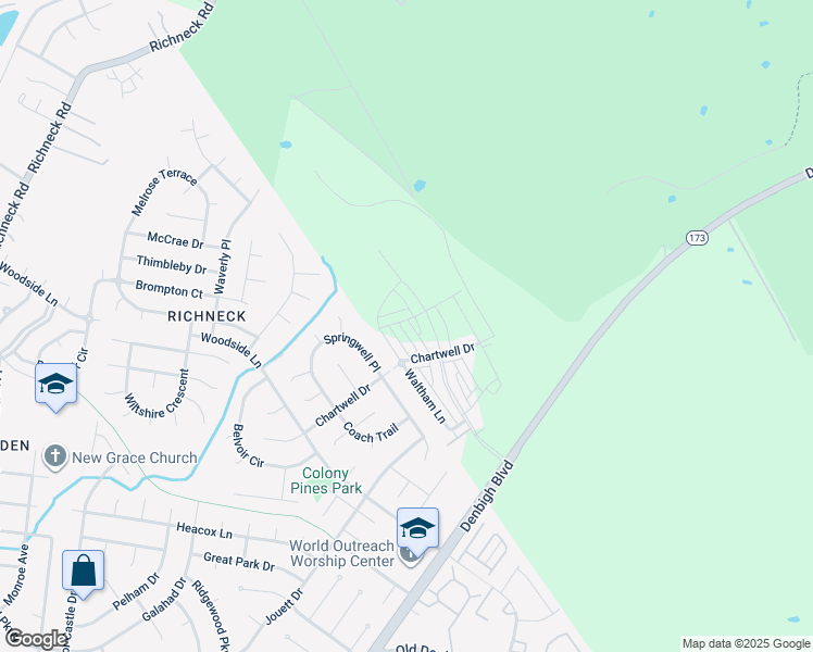 map of restaurants, bars, coffee shops, grocery stores, and more near 1534 Auckland Court in Newport News