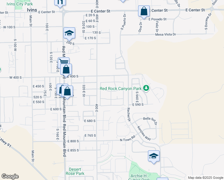 map of restaurants, bars, coffee shops, grocery stores, and more near 491 East Padre Lakes Drive in Ivins