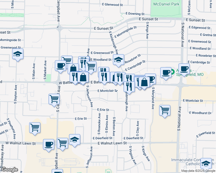 map of restaurants, bars, coffee shops, grocery stores, and more near 610 East Battlefield Road in Springfield