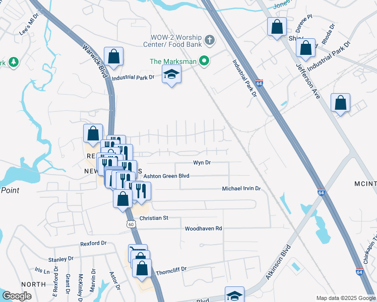 map of restaurants, bars, coffee shops, grocery stores, and more near Settlement Lane in Newport News