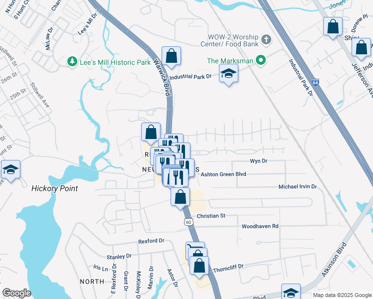 map of restaurants, bars, coffee shops, grocery stores, and more near 419 Revolution Lane in Newport News