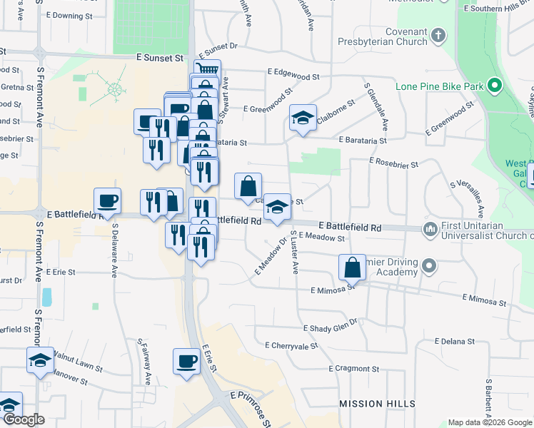 map of restaurants, bars, coffee shops, grocery stores, and more near 2001 East Battlefield Street in Springfield