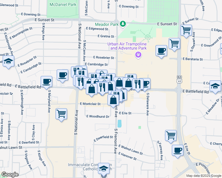 map of restaurants, bars, coffee shops, grocery stores, and more near 1316 East Battlefield Road in Springfield