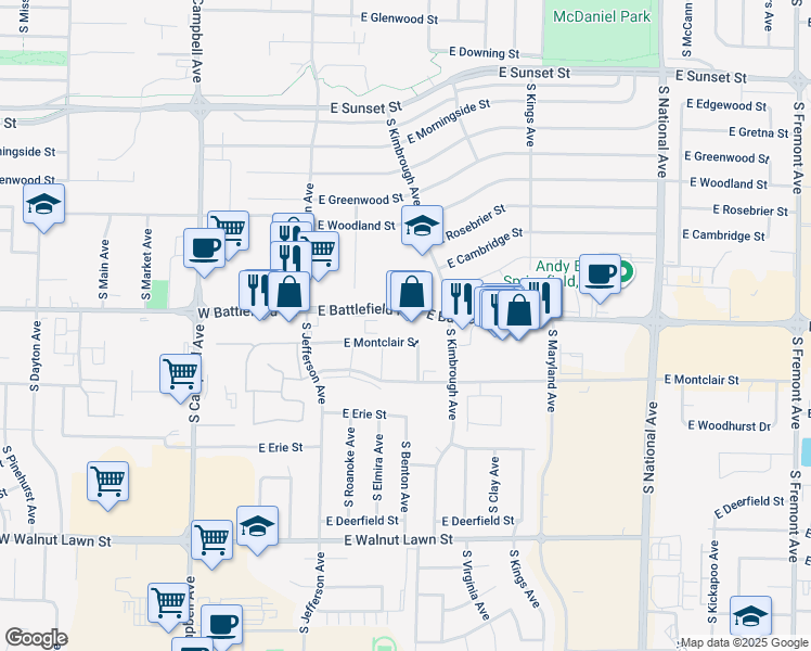 map of restaurants, bars, coffee shops, grocery stores, and more near 706 Battlefield Road in Springfield