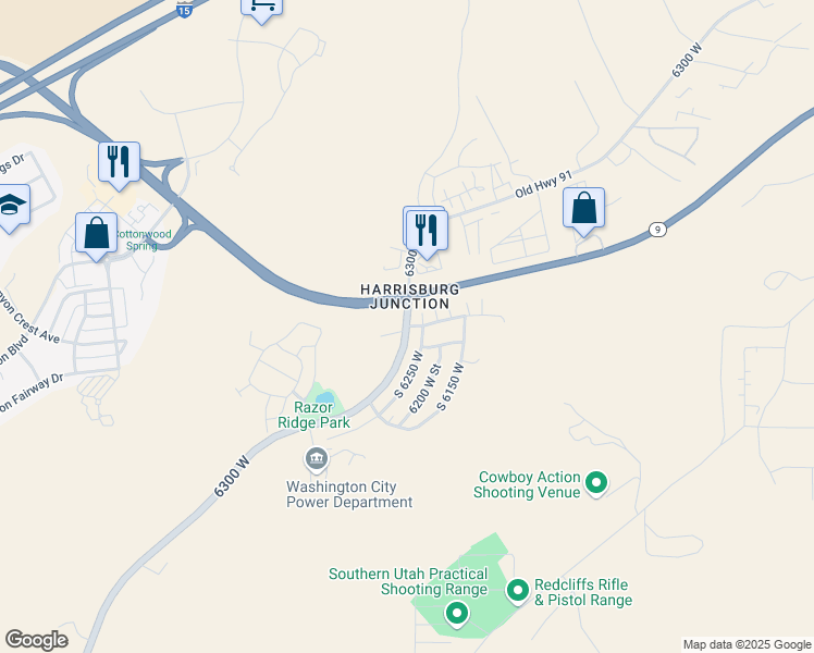 map of restaurants, bars, coffee shops, grocery stores, and more near 6129 West 100 South in Hurricane