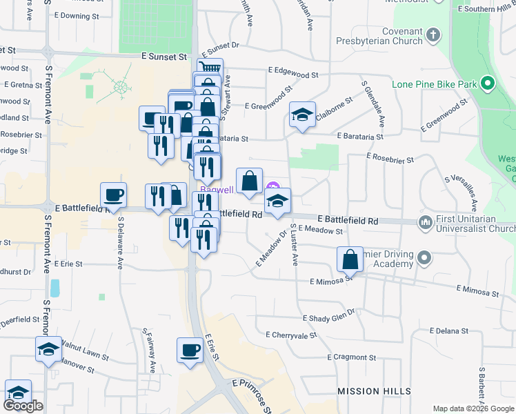 map of restaurants, bars, coffee shops, grocery stores, and more near 2001 East Battlefield Street in Springfield