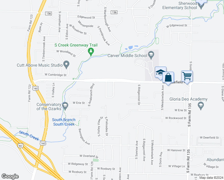 map of restaurants, bars, coffee shops, grocery stores, and more near 3057 South Suburban Avenue in Springfield