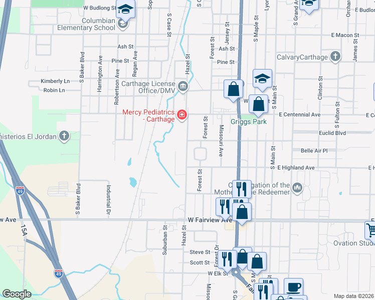 map of restaurants, bars, coffee shops, grocery stores, and more near 1709 Hillcrest Drive in Carthage