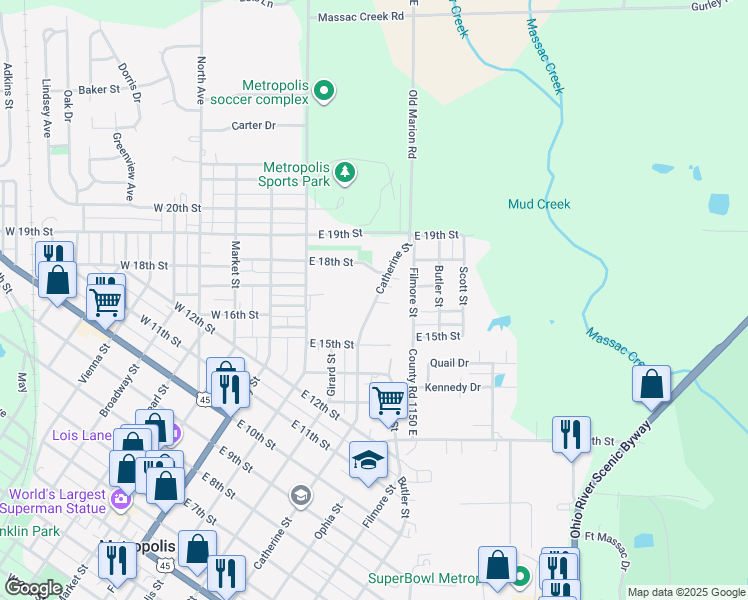 map of restaurants, bars, coffee shops, grocery stores, and more near 1699 Catherine St in Metropolis