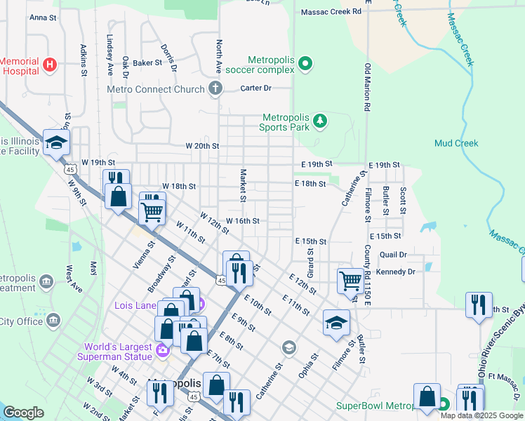 map of restaurants, bars, coffee shops, grocery stores, and more near 1607 Ferry Street in Metropolis