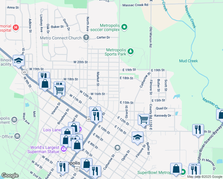 map of restaurants, bars, coffee shops, grocery stores, and more near 1607 Ferry Street in Metropolis