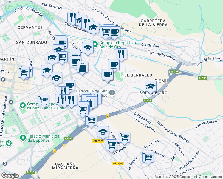 map of restaurants, bars, coffee shops, grocery stores, and more near 6 Calle Lavadero de la Reina in Granada