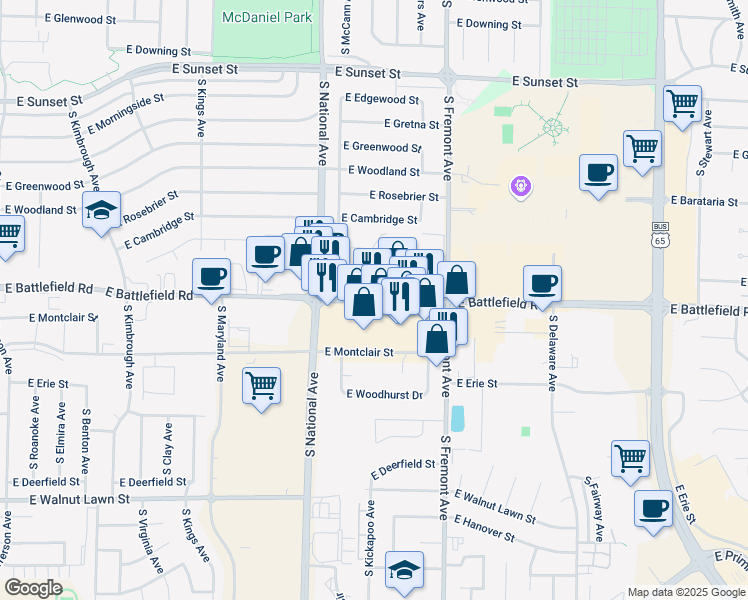 map of restaurants, bars, coffee shops, grocery stores, and more near 1272 E Battlefield Rd in Springfield