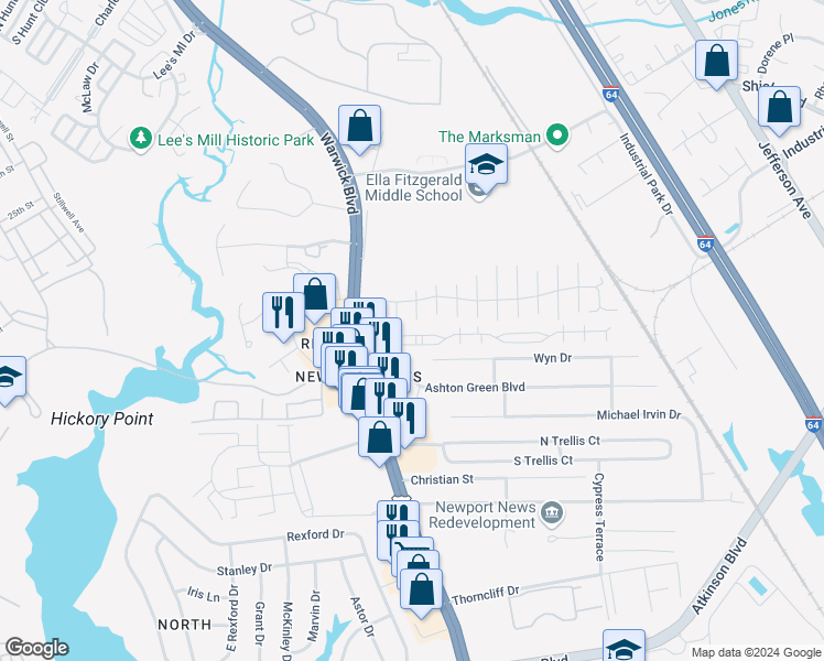 map of restaurants, bars, coffee shops, grocery stores, and more near 437 Revolution Lane in Newport News