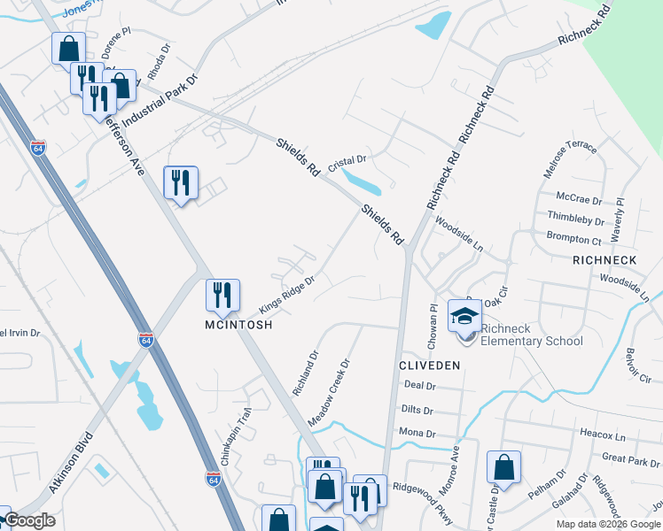 map of restaurants, bars, coffee shops, grocery stores, and more near 734 Kings Ridge Drive in Newport News