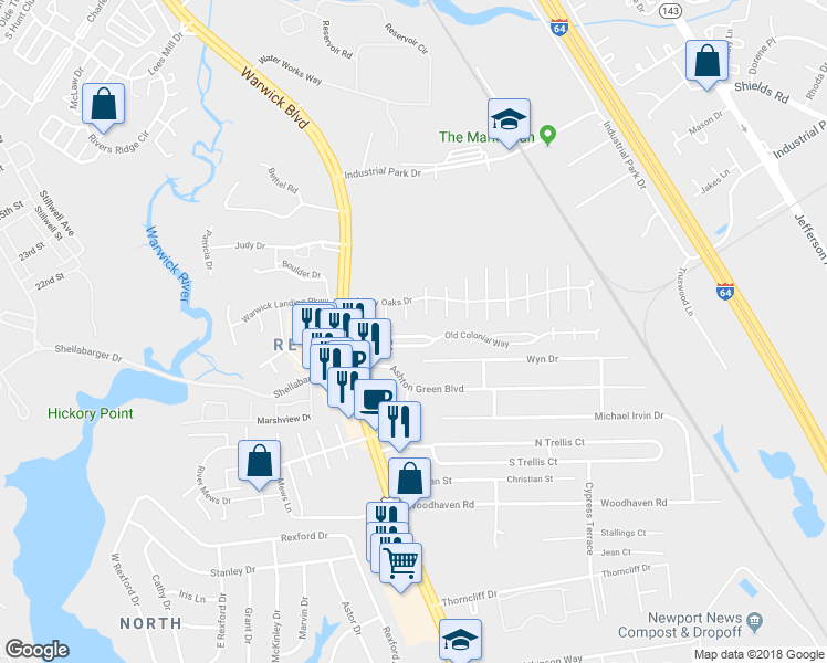 map of restaurants, bars, coffee shops, grocery stores, and more near 451 Revolution Lane in Newport News