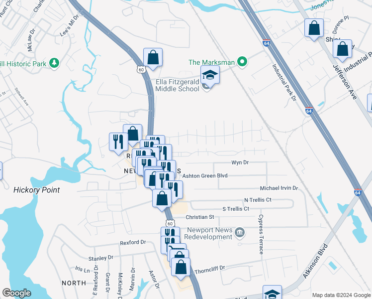 map of restaurants, bars, coffee shops, grocery stores, and more near 461 Revolution Lane in Newport News