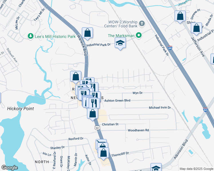 map of restaurants, bars, coffee shops, grocery stores, and more near 463 Revolution Lane in Newport News