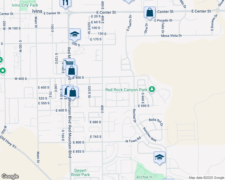 map of restaurants, bars, coffee shops, grocery stores, and more near 463 Padre Lakes Drive in Ivins