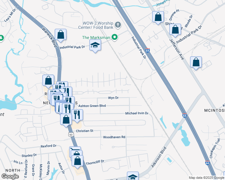 map of restaurants, bars, coffee shops, grocery stores, and more near 561 Settlement Lane in Newport News