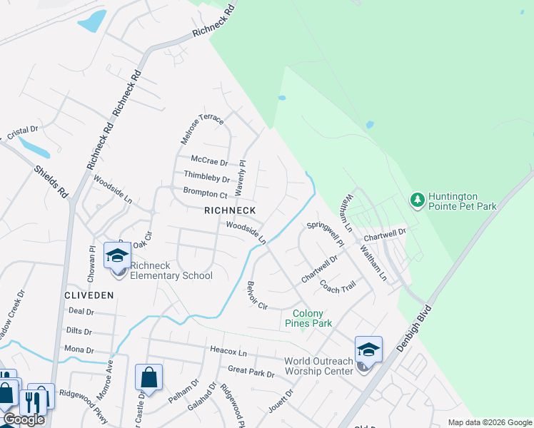 map of restaurants, bars, coffee shops, grocery stores, and more near 429 Warner Hall Place in Newport News