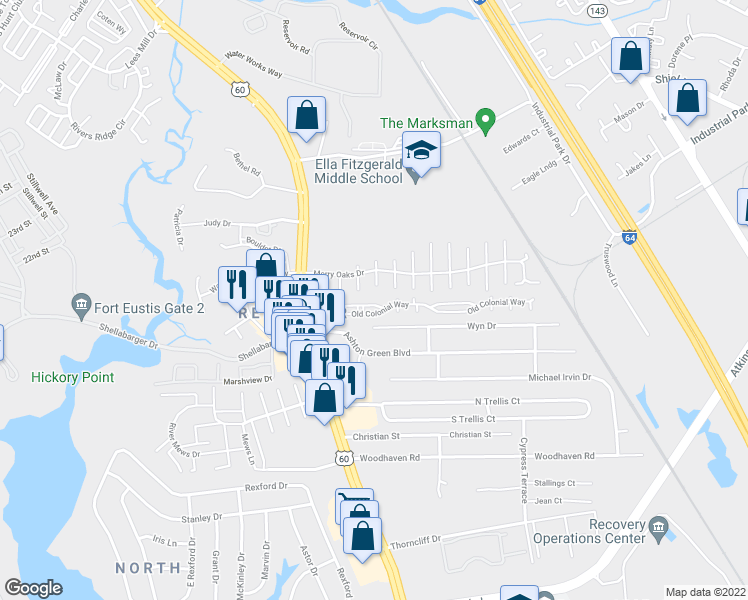 map of restaurants, bars, coffee shops, grocery stores, and more near 461 Revolution Lane in Newport News