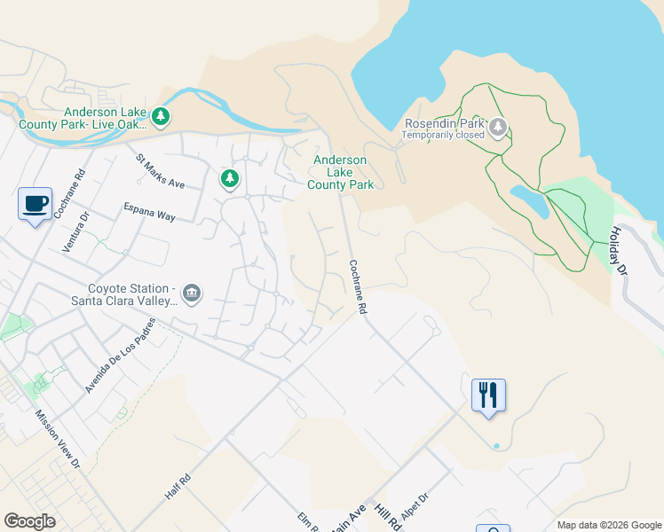 map of restaurants, bars, coffee shops, grocery stores, and more near 18471 Corte Zapala in Morgan Hill