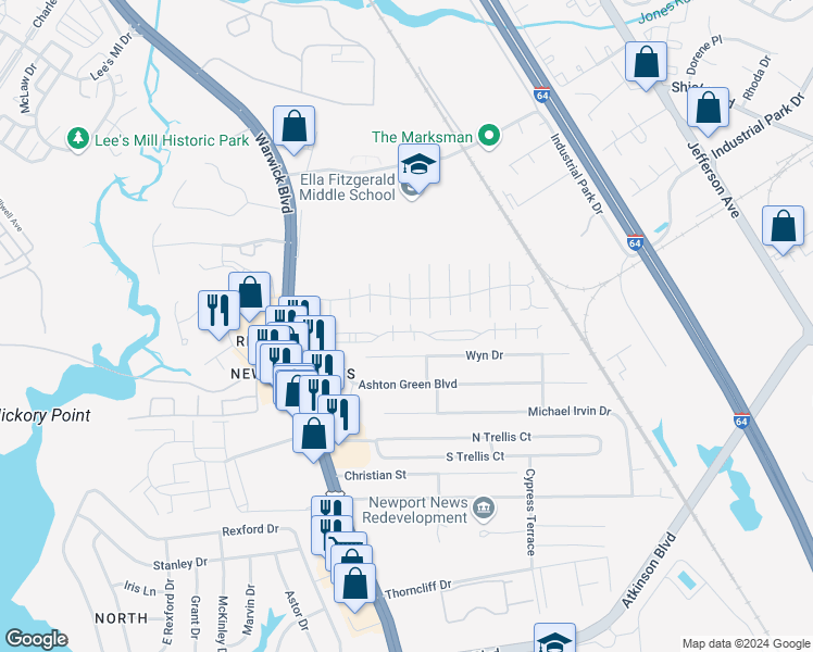 map of restaurants, bars, coffee shops, grocery stores, and more near 323 Congress Street in Newport News