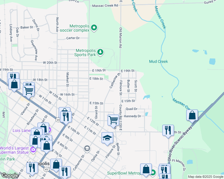 map of restaurants, bars, coffee shops, grocery stores, and more near 1501-1699 Catherine St in Metropolis