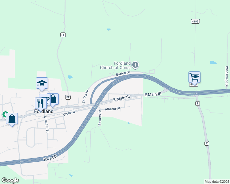 map of restaurants, bars, coffee shops, grocery stores, and more near 60 State Highway PP in Fordland