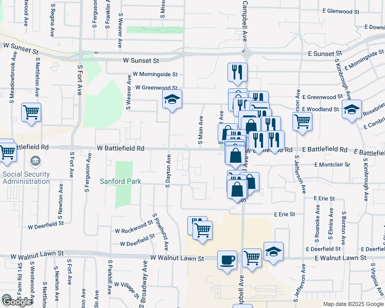 map of restaurants, bars, coffee shops, grocery stores, and more near 3020 South Sagamont Avenue in Springfield
