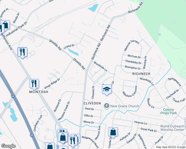 map of restaurants, bars, coffee shops, grocery stores, and more near 402 Aspen Drive in Newport News