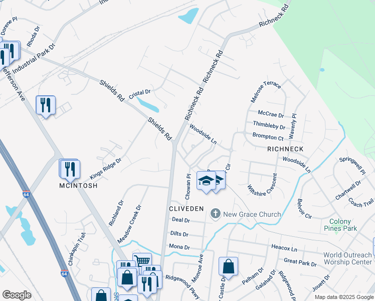 map of restaurants, bars, coffee shops, grocery stores, and more near 402 Aspen Drive in Newport News