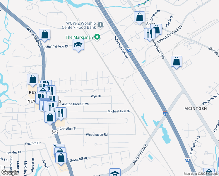 map of restaurants, bars, coffee shops, grocery stores, and more near 589 Old Colonial Way in Newport News