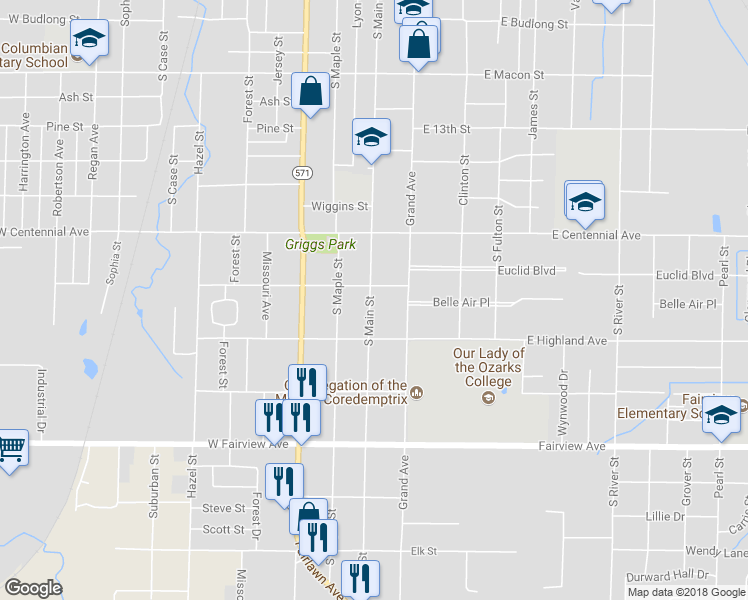 map of restaurants, bars, coffee shops, grocery stores, and more near 1712 South Main Street in Carthage