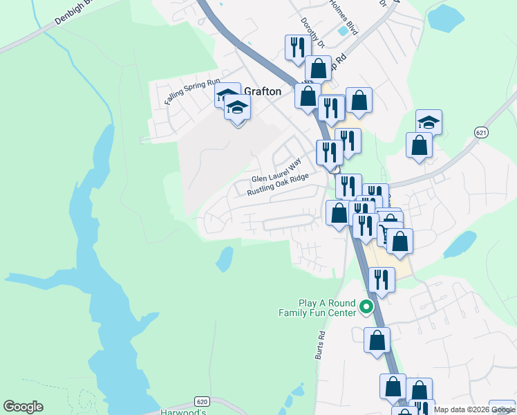 map of restaurants, bars, coffee shops, grocery stores, and more near 322 Timberline Loop in Yorktown