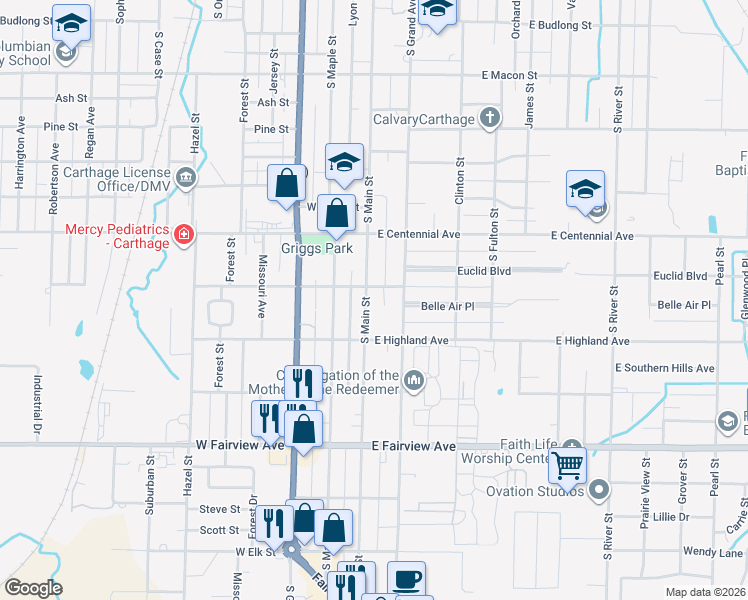 map of restaurants, bars, coffee shops, grocery stores, and more near in Carthage