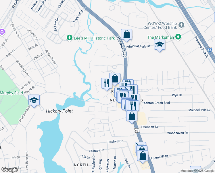 map of restaurants, bars, coffee shops, grocery stores, and more near 108 Pelican Cove in Newport News