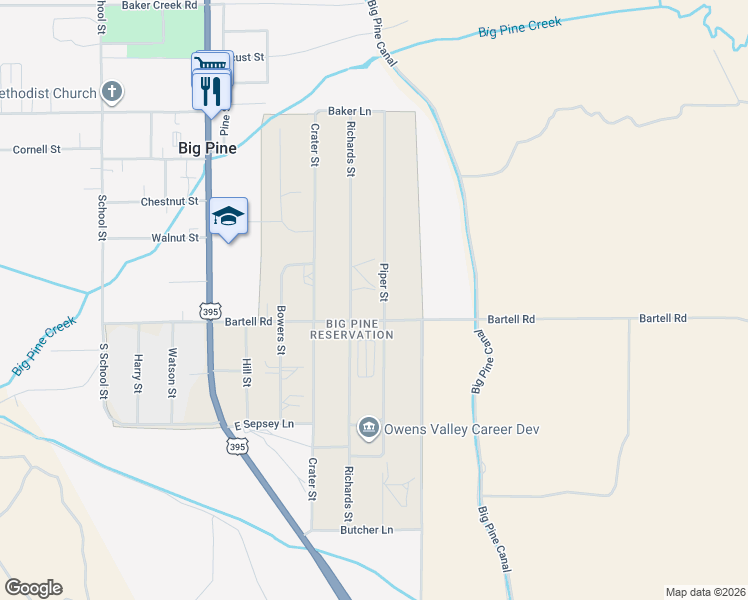 map of restaurants, bars, coffee shops, grocery stores, and more near 767 Piper Street in Big Pine