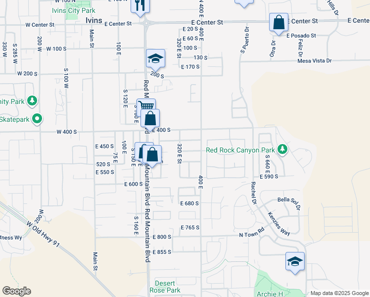 map of restaurants, bars, coffee shops, grocery stores, and more near 343 East 500 South in Ivins