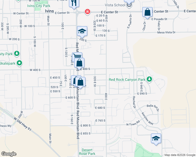 map of restaurants, bars, coffee shops, grocery stores, and more near 343 East 500 South in Ivins