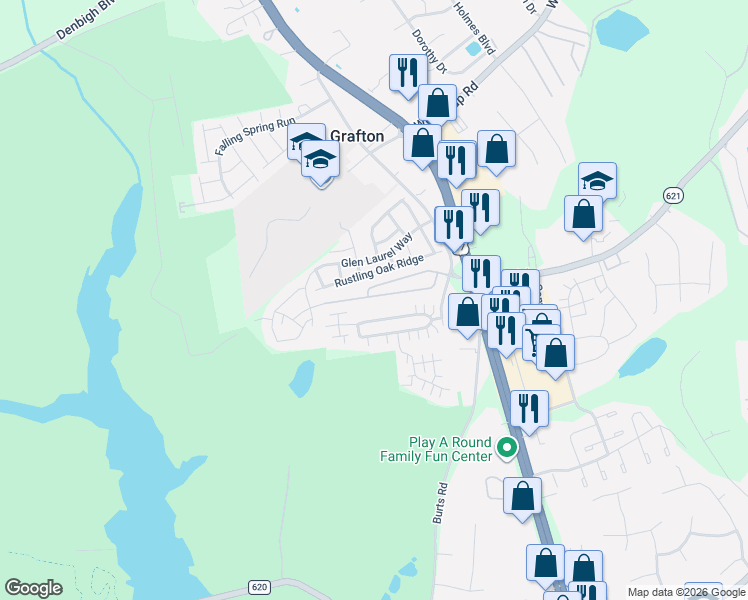 map of restaurants, bars, coffee shops, grocery stores, and more near 322 Timberline Loop in Yorktown