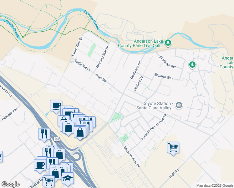 map of restaurants, bars, coffee shops, grocery stores, and more near 1403 Evening Star Place in Morgan Hill