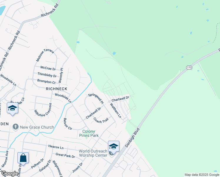 map of restaurants, bars, coffee shops, grocery stores, and more near 1534 Auckland Court in Newport News