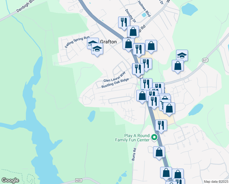 map of restaurants, bars, coffee shops, grocery stores, and more near 159 Wineberry Way in Yorktown